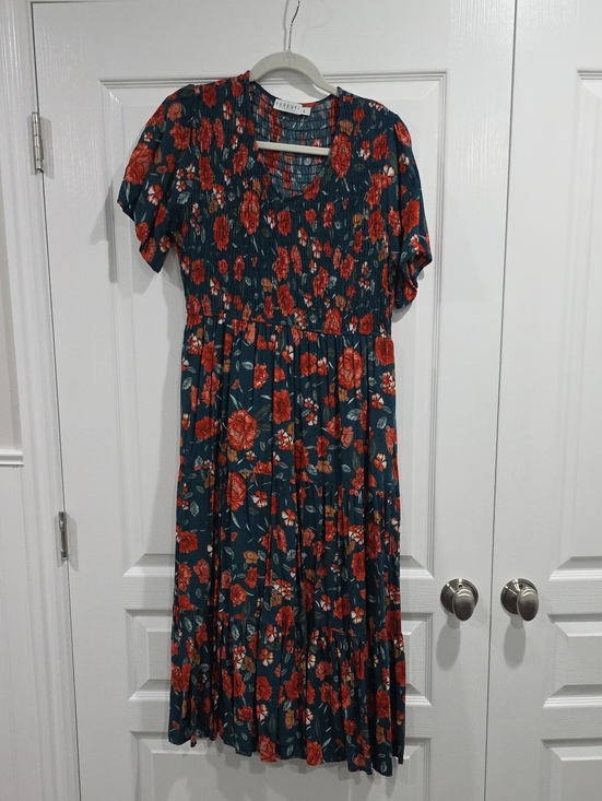 Fehrnvi Apparel Dresses & Skirts - Teal Midi Dress with Red Floral Print